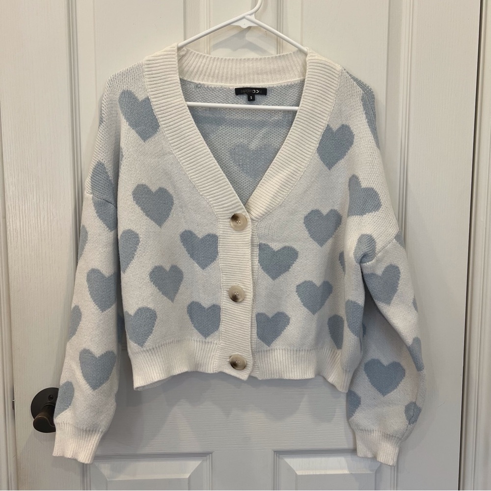 Paper Moon Heart Pattern V-Neck Cardigan Sweater - White & Light Blue